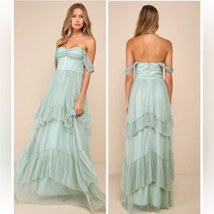 Lulus Stunning Personality Sage Green Mesh Off-the-Shoulder Maxi Dress Size XL